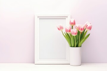 White and pink frame mockup with flowers. AI Generated