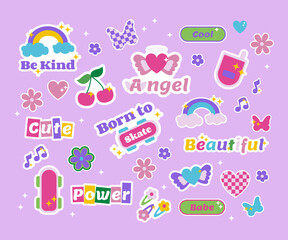 Collection of trendy stickers in 90s, 2000s style. Y2k butterfly, girls design elements, flowers, hearts, motivation illustration. Vector