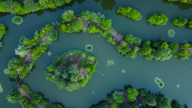 Rural Landscape With Fishing Pond And Trees In Norfolk, UK - aerial top down