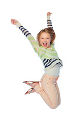 Portrait, children and jump with a girl screaming while isolated on a transparent background for...
