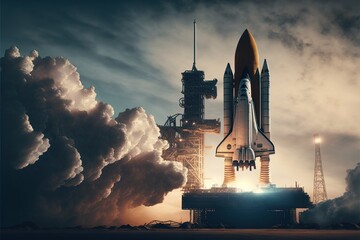 Space shuttle launch, rocket on launchpad 