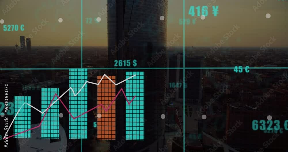 Poster animation of graphs with changing numbers and currency symbols over aerial view of modern city