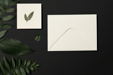 Wedding Invitation Cards Papers Laying on Table Decorate With Leaves, AI Generated