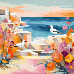 Illustration of two seagulls near the sea, nautical aesthetic