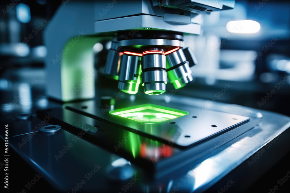 Poster objective lenses of a microscope, light microscope stage and lenses.