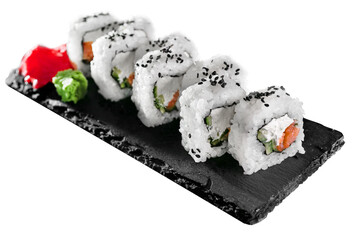 Set of rolls with tuna and cream cheese on a white background close-up