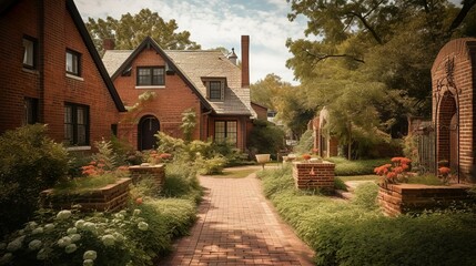 Fototapeta na wymiar Boho and cozy cottage family house exterior with terracotta brick walls and cute front yard