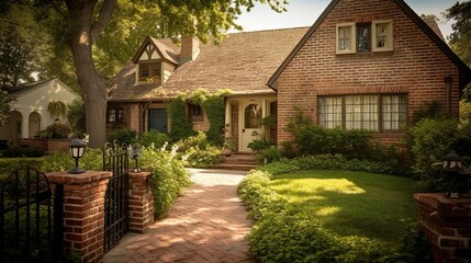 Boho and cozy cottage family house exterior with terracotta brick walls and cute front yard - obrazy, fototapety, plakaty