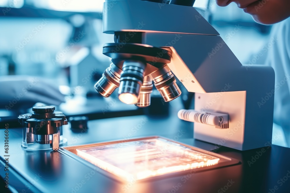 Poster microscope with metal lens at laboratory, professional tools for viewing samples.