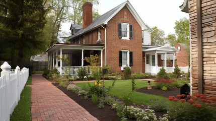 Boho and cozy cottage family house exterior with terracotta brick walls and cute front yard