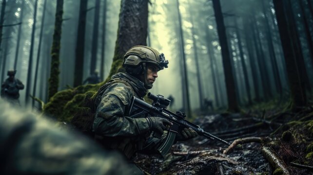 A soldier with a gun, Soldier during the military operation.