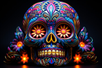 Obraz premium neon decorated scull for the Day of the Dead Generative AI
