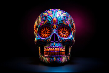neon decorated scull for the Day of the Dead Generative AI