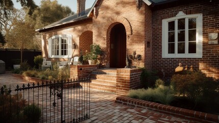 English-style cottage house exterior with terracotta brick walls 