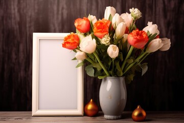 Blank photo frame for mockup design with TULIPS and valentine elements, AI Generated