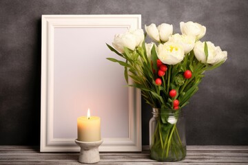 Blank photo frame for mockup design with TULIPS and valentine elements, AI Generated