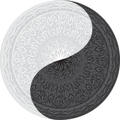 Drawing of a black and white mandala, round ethnic ornament in shape of symbol yin yang - 631068415