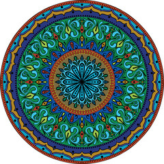 Drawing of a floral multicolor mandala on a white background. Hand drawn tribal vector stock illustration