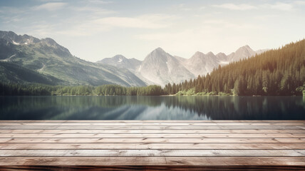 Beautiful snowy rock mountain glacier lake fresh landscape scenery with rustic wooden plank table empty board for product montage mockup display copy space banner.
