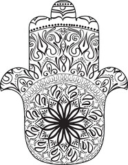 drawing of a line art of Hand of Fatima Hamsa with round ethnic pattern on a white background. Hand drawn tribal vector stock illustration - 631068442