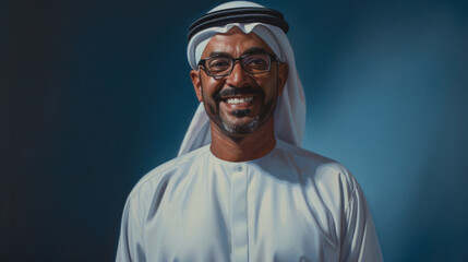 Arabic handsome man studio portraits. Emirates citizen in national dress