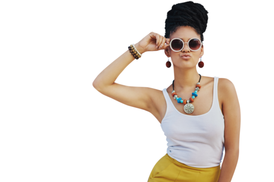 Portrait, gen z and sunglasses with an african woman isolated on a transparent background for trendy style. Fashion, beauty or attitude with a confident young female person on PNG in a clothes outfit - Powered by Adobe