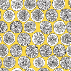 Seamless pattern with hand-drawn linear art cut black and white oranges on a orange background - 631069025
