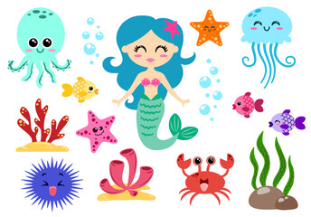 Cute mermaid and sea life. Cartoon vector designs. Set of marine life SVGs compatible with cutting machines.