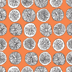 Seamless pattern with hand-drawn linear art cut black and white oranges on a orange background - 631069067