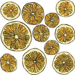 A set of hand-drawn linear art cut oranges 13 pieces of different sizes, black and white on a yellow background - 631069088