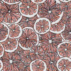 Seamless pattern with hand-drawn linear art cut grapefruits on a gray background - 631069208