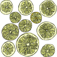 A set of hand-drawn linear art cut lemons 13 pieces of different sizes, black and white on a yellow background - 631069255