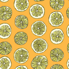 Seamless pattern with hand-drawn linear art cut lemons on orange background