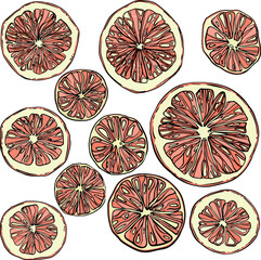 A set of hand-drawn linear art cut grapefruits 13 pieces of different sizes, black and white on a yellow background - 631069493