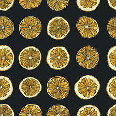 Seamless pattern with hand-drawn linear art cut oranges on a gray background