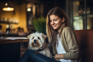 Young caucasian woman sitting with dog in pets friendly cafe