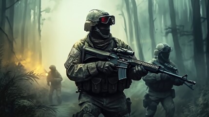 Fototapeta premium Group of soldiers in action on war battle in jungle.