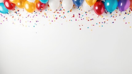 Balloons and confetti on a white background, Top view.