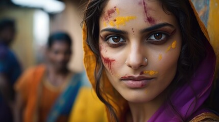 Beautiful Indian women with powdered face for holi party.