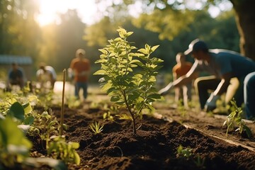 Group of happy volunteers planting tree, Environment and reforestation concept.