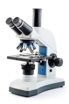 Microscope for laboratory research isolated on white background, Microscopy data analysis.