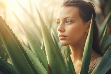 Woman behind aloe vera. Generate Ai