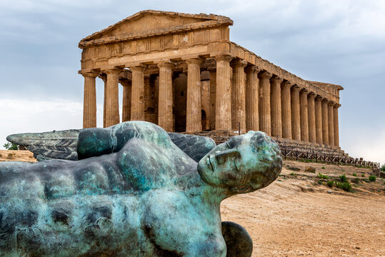 The Temple of Concordia is a Greek temple of the ancient city of Akragas, located in the Valley of the Temples of Agrigento and bronze statue of Icarus in Sicily Italy