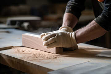 Close - up shot of hands of carpenter wearing gloves cutting mdf board inside workshop - obrazy, fototapety, plakaty