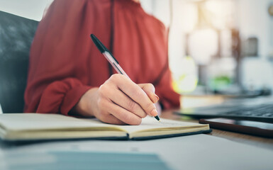 Hand, notebook and person writing, admin with schedule and brainstorming and planning work closeup in office. Business, ideas and notes with project deadline, productivity and workflow with research