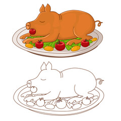 fried piglet in doodle style. coloring and color image