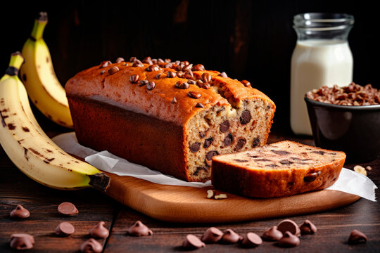 Homemade Banana Bread With Chocolate Chips On Wooden Table