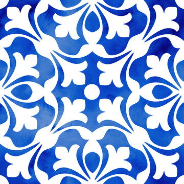 Blue mosaic tiles repeat pattern, Azulejo tiles geometric pattern, mediterranean seamless paper  for wedding, home decor, textile, posters,  greeting cards, web site, ceramics