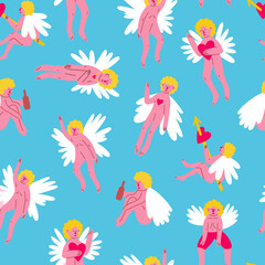 Valentine funny angels seamless pattern. illustration in doodle style