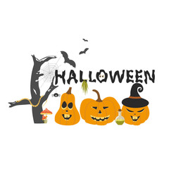 Text Halloween with pumpkins and other holiday attributes and cannabis leaf. Vector